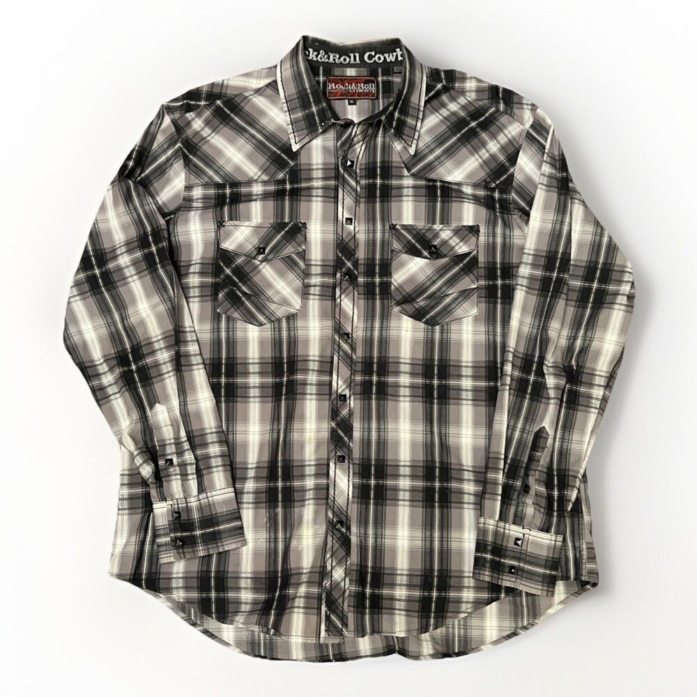 Rock & Roll Cowboy Shirt Western Mens X-Large Pearl Snap Long Sleeve Black Plaid